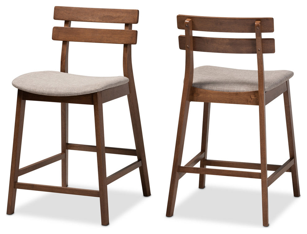 Clermiston Light Gray Fabric Walnut 2-Piece Wood Counter Stool Set