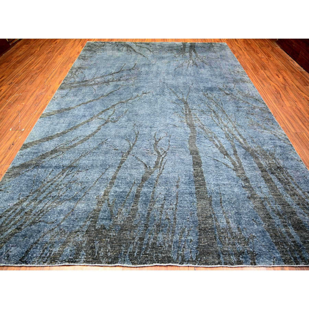 Blue Gray Modern Tree Dusk Design Wool Hand Knotted Oriental Rug 8'10"x12'1"