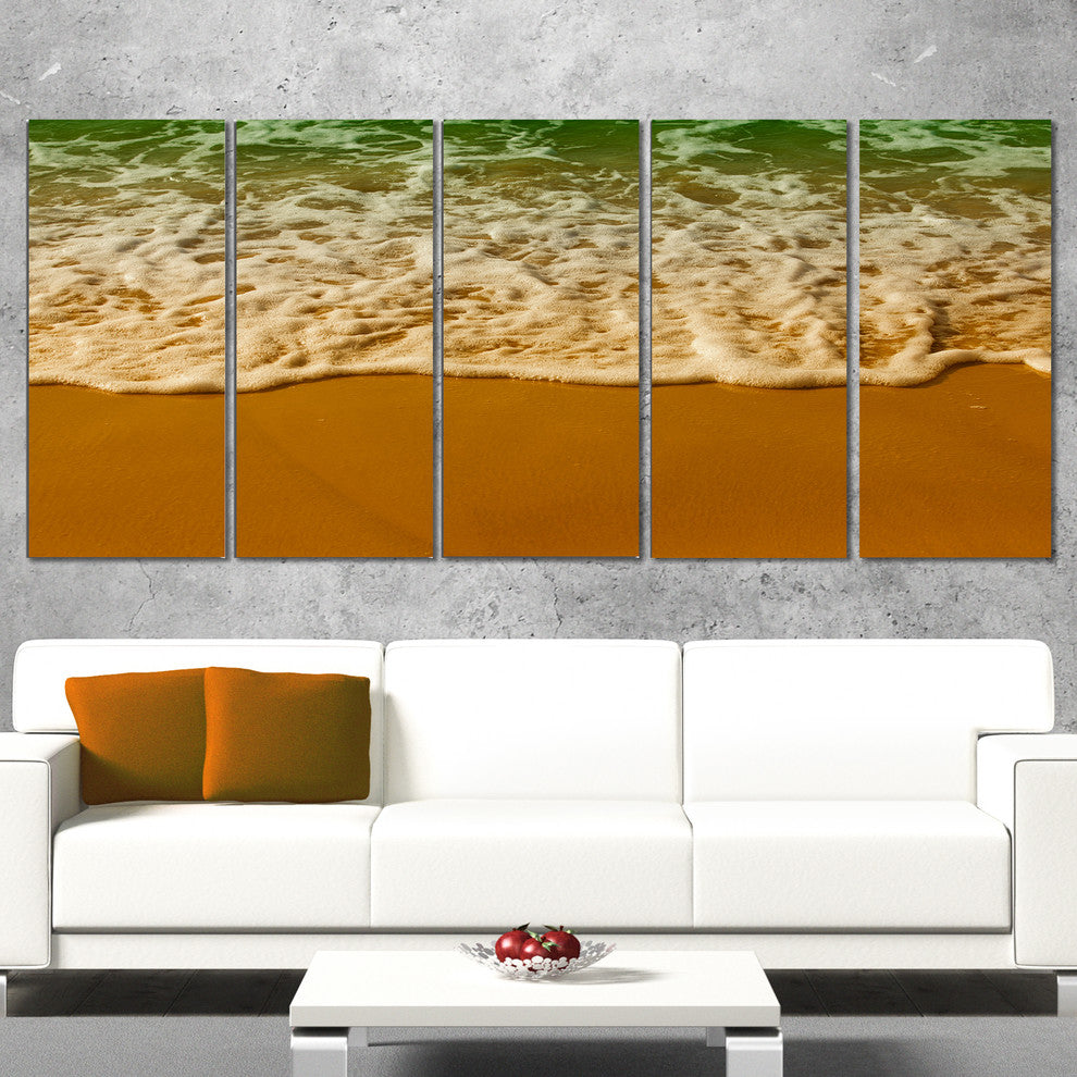"White Waves From Green Beach Waters" Seashore Wall Art, 5 Panels, 60"x28"