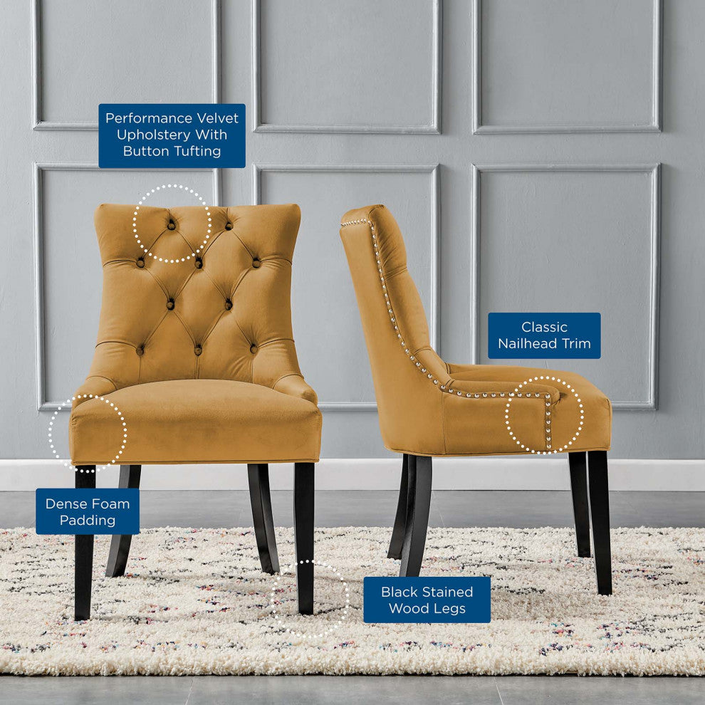 Tufted Side Dining Chair, Set of 2, Velvet, Wood, Brown, Cafe Bistro Restaurant