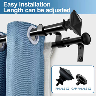 Square Urn Adjustable Double Curtain Rod Set, 5/8", Black, 48"-84"