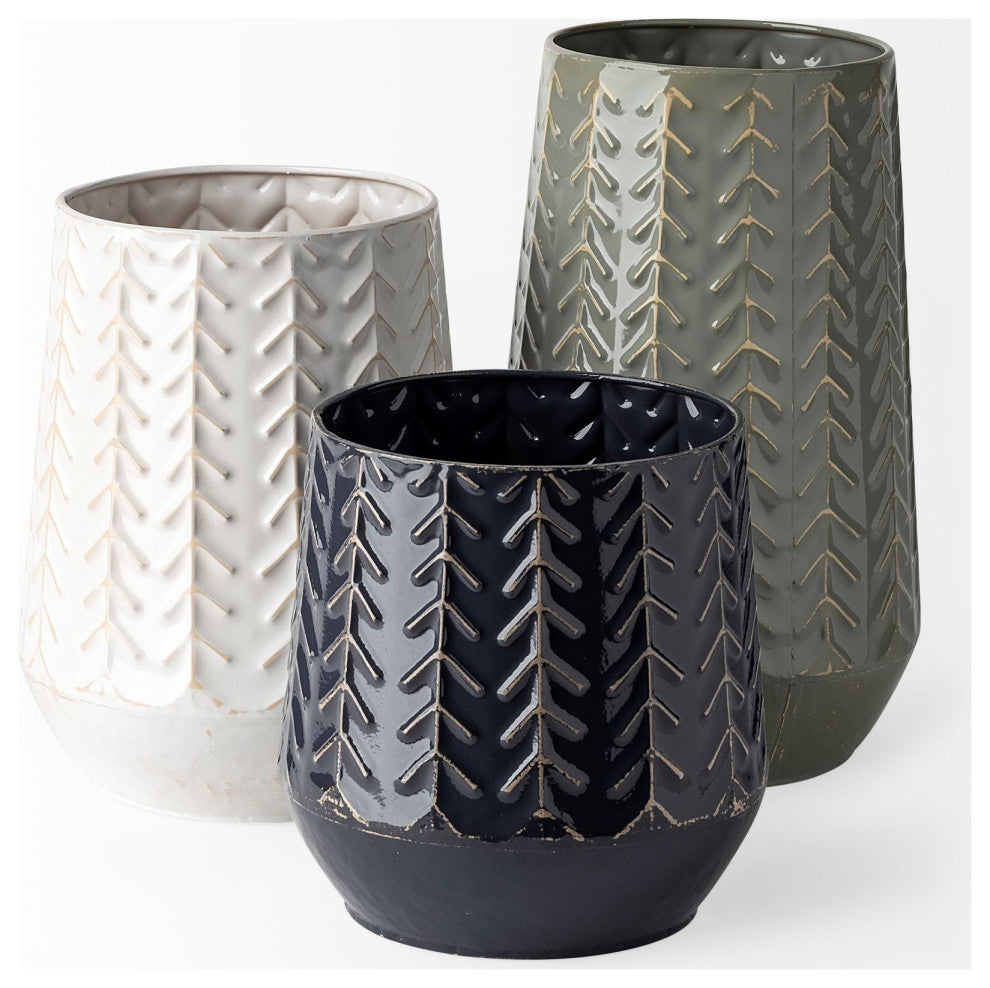 11" Green Organically Chevron Embossed Metal Vase