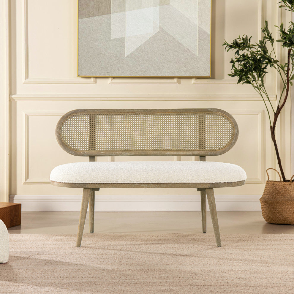 Havana 48" Boucle Upholstered Cane Rattan Bench, Ivory White
