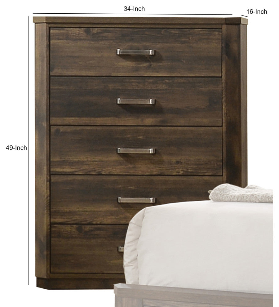 Benzara BM204560 5 Drawer Wooden Chest With Plinth Base, Brown