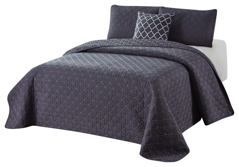 Bibb Home 4 Piece Solid Quilt Set, Gray, King