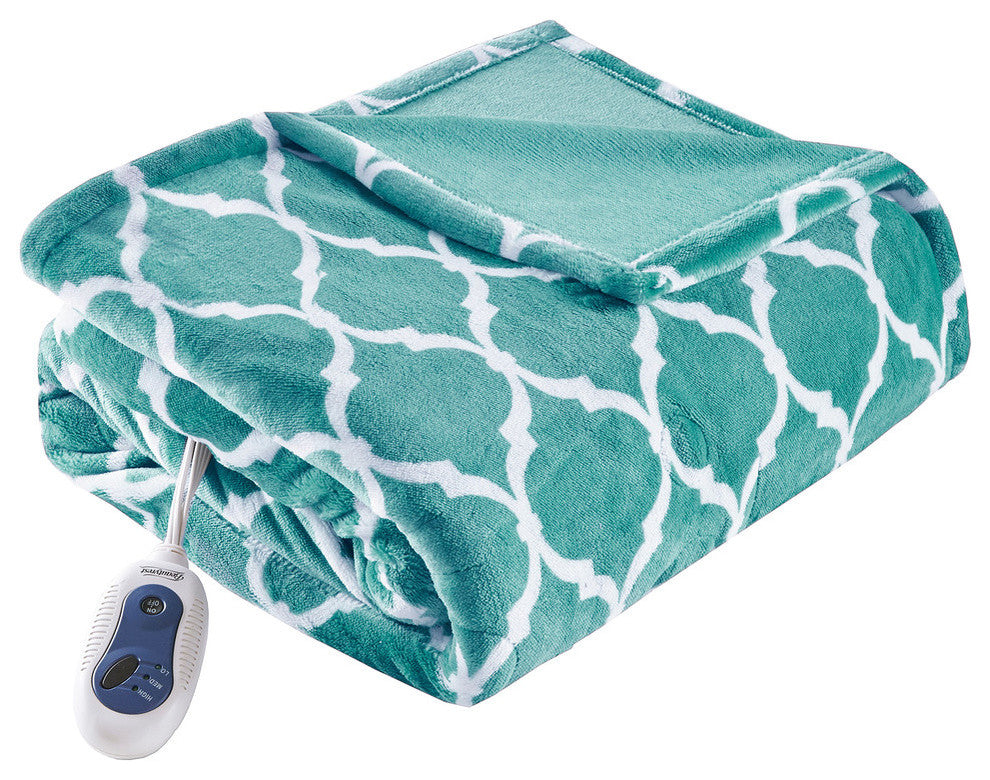 Beautyrest Knitted Ogee Printed Microlight Heated Throw, Aqua