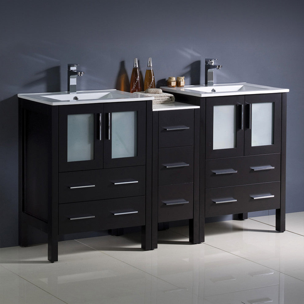 Torino 60" Double Bathroom Cabinet, Espresso, With Top and Integrated Sinks
