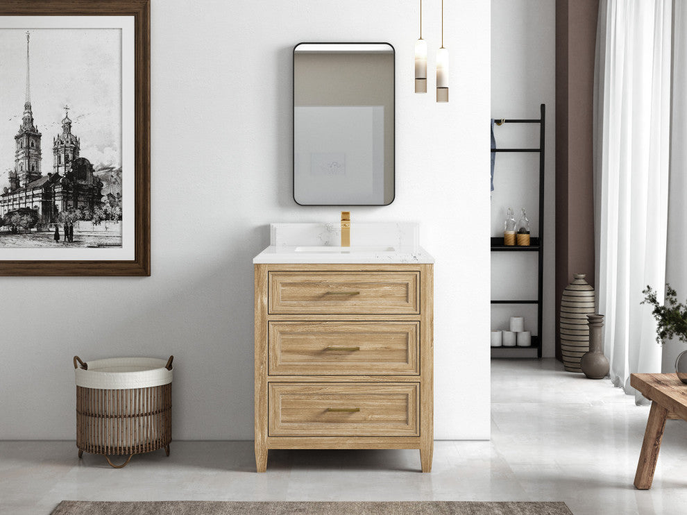 Santa Monica 30 Single Sink Bath Vanity in Whitewashed Teak 1.5" Empira Quartz