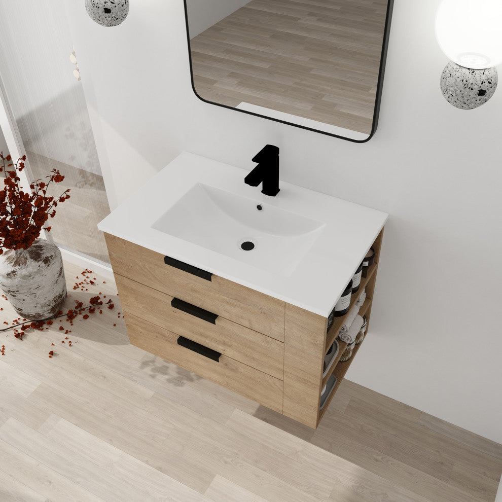 30 Inch Wall Mounted Plywood Bathroom Vanity with Resin Basin and Drawers