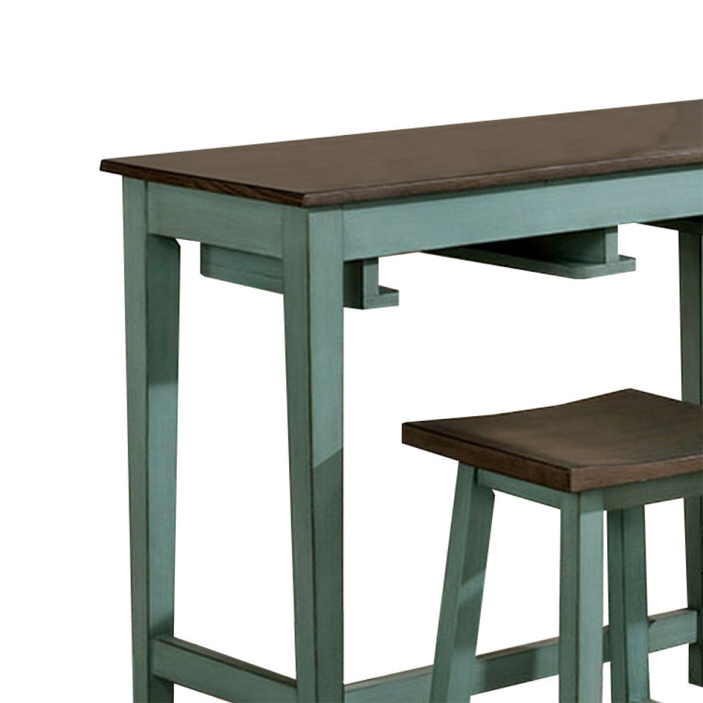3 Piece Bar Table Set with Contoured Seat, Antique Blue and Brown