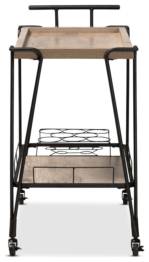 Modern Rustic Oak Brown Finished Wood Metal 2- Tier Wine Serving Cart