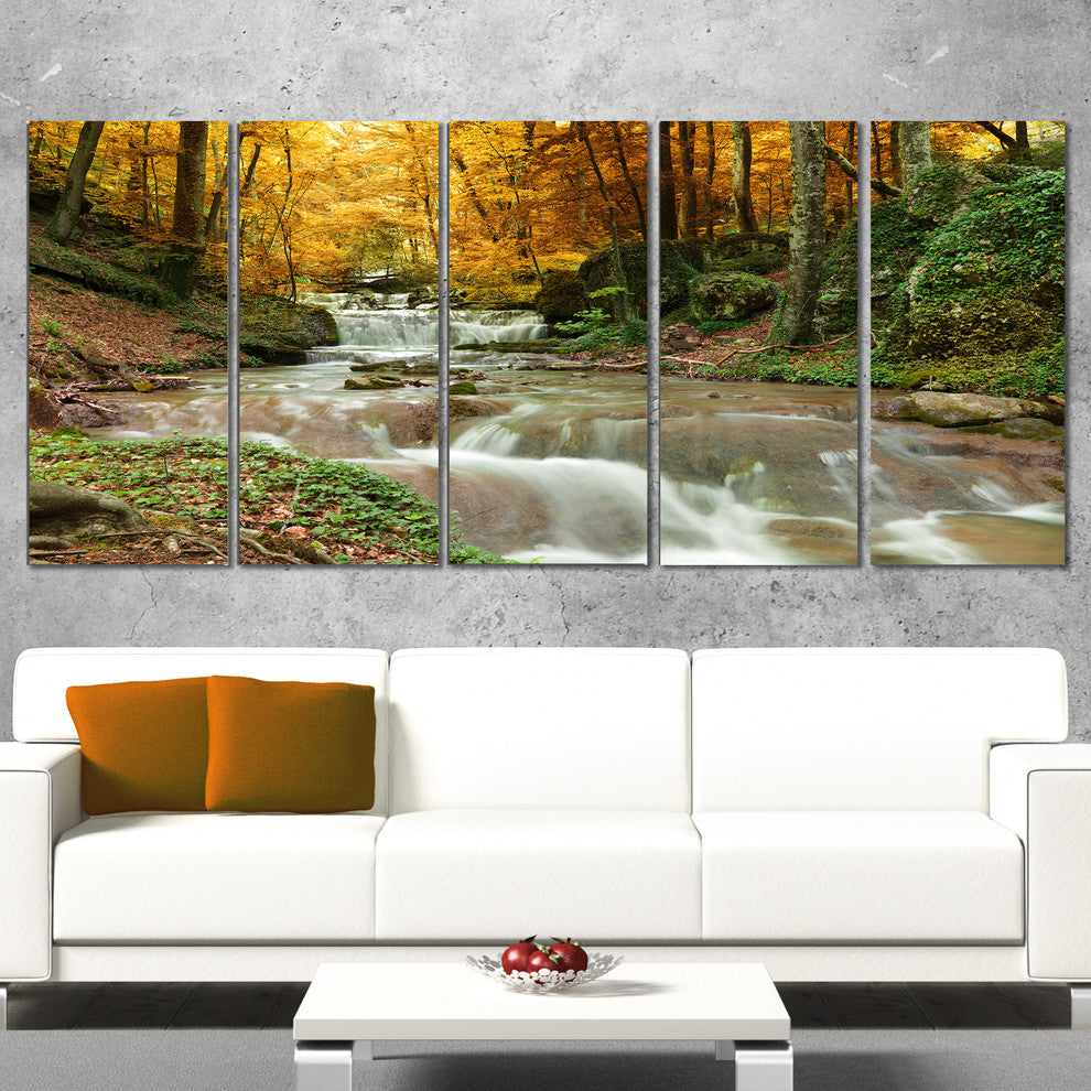 Forest Waterfall with Yellow Trees, Landscape Canvas Print, 60"x28", 5 Panels