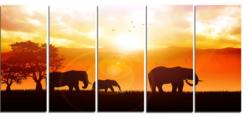 Elephants Walking At Sunset, African Canvas Art Print, 60"x28", 5 Panels