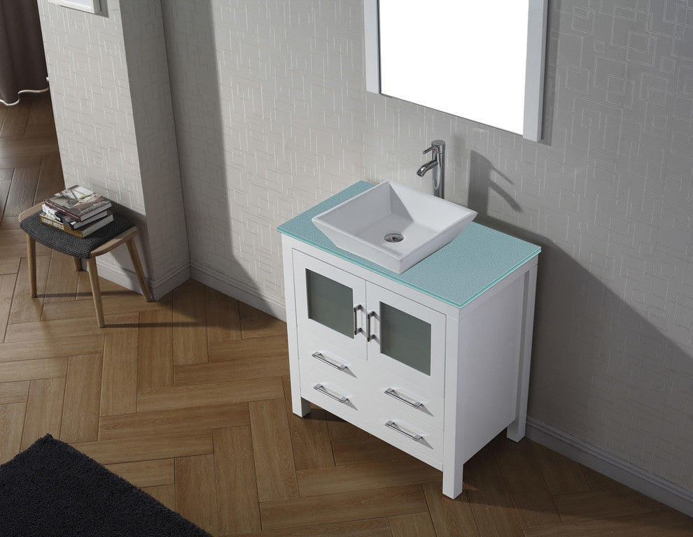 Virtu Dior 32" Single Bathroom Vanity, White, Polished Chrome Faucet, Mirror