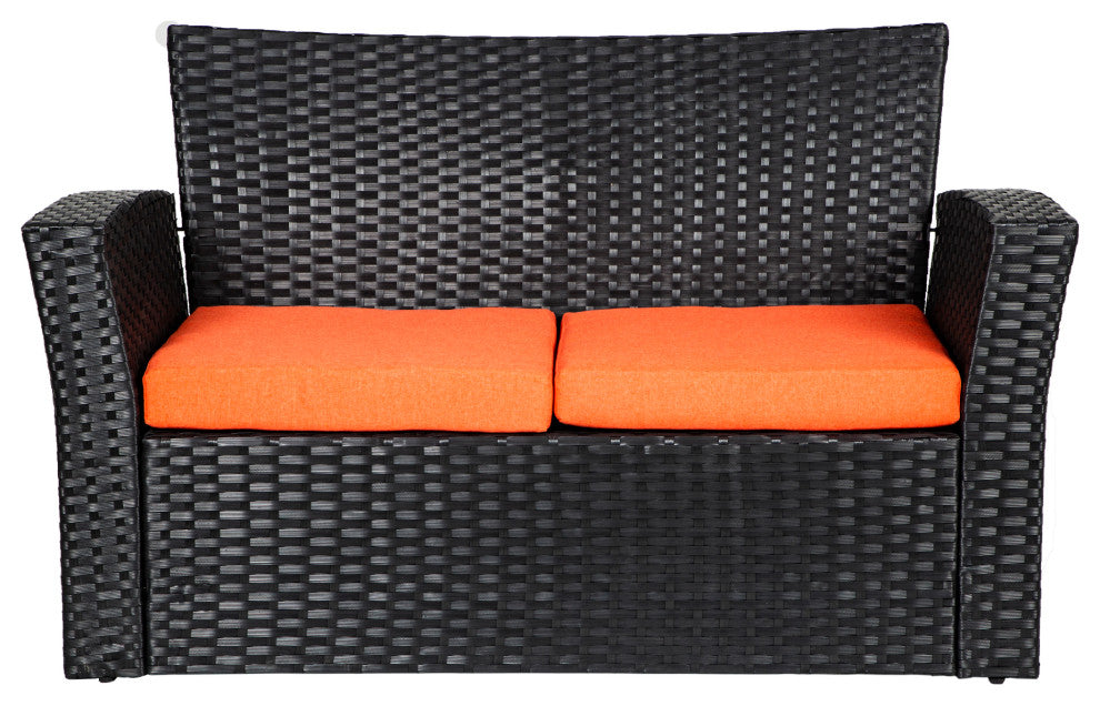 WestinTrends 5PC Outdoor Patio Wicker Conversation Set w/ Square Fire Pit, Black/Orange
