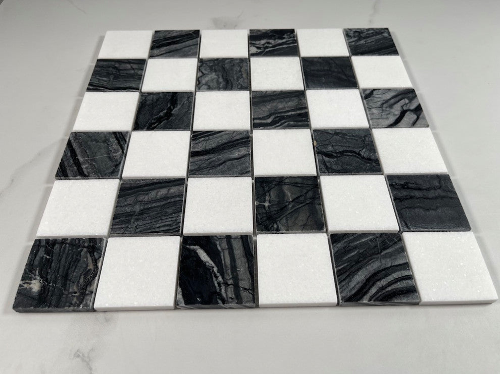 Silver Wave Black Forest Thassos White Marble Checkerboard Tile Polish, 1 sheet