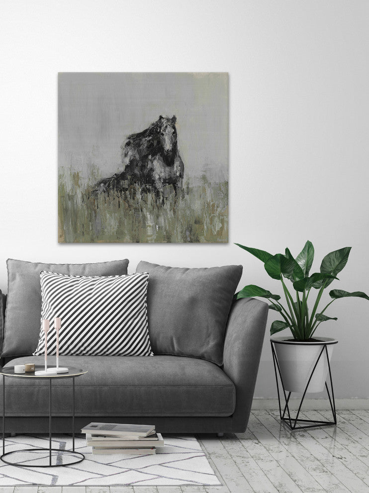 "Dark Horse at the Meadow" Painting Print on Wrapped Canvas, 48"x48"
