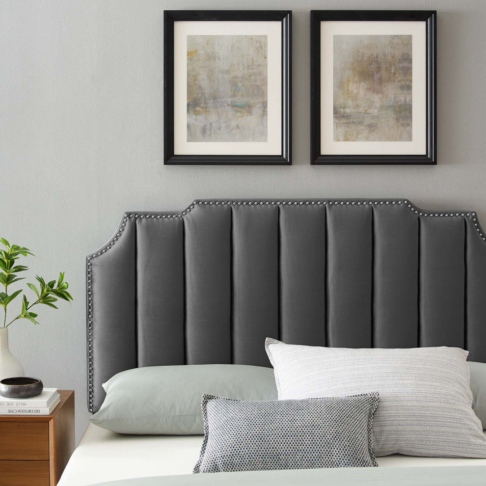 Headboard, Full Queen Size, Velvet, Dark Gray, Modern Contemporary, Bedroom
