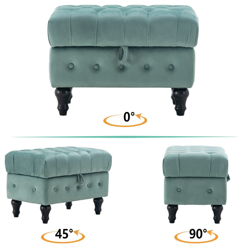 Button Tufted Upholstery Footstool for Bedroom and for Living Room, Light Blue