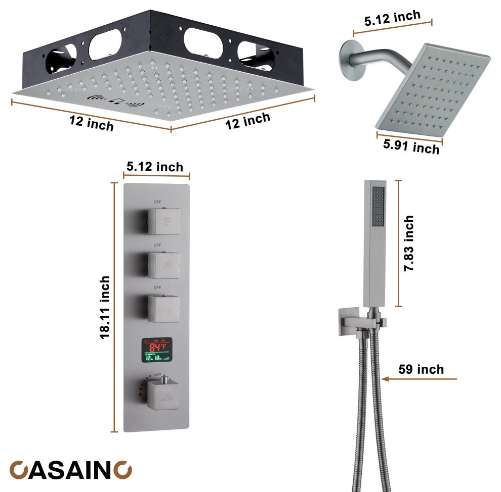 12inch Luxury Shower Dual Shower Head System With LED Light and Bluetooth, Brushed Nickel