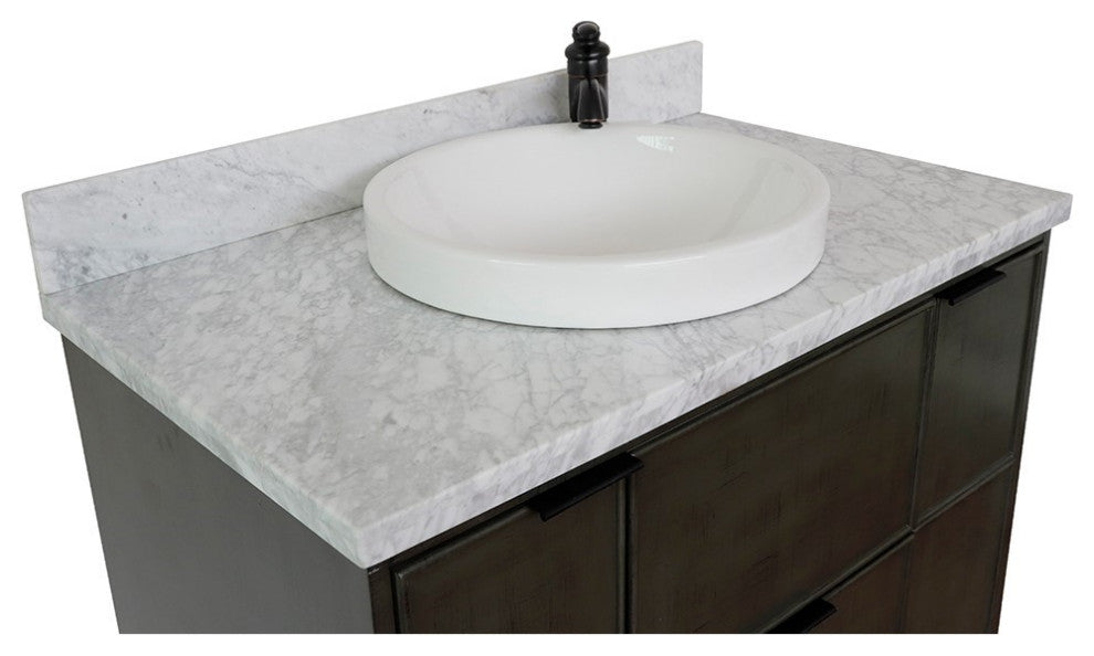 37" Single Vanity, Linen Gray Finish With White Carrara Top And Round Sink