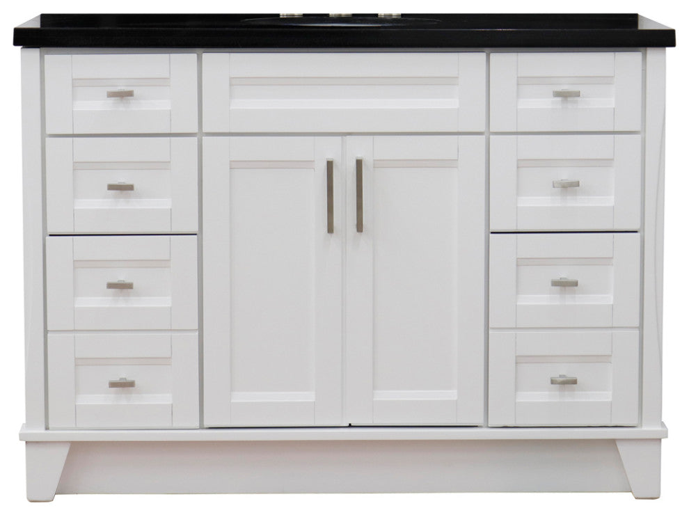 49" Single Sink Vanity, White Finish With Black Galaxy Granite And Oval Sink