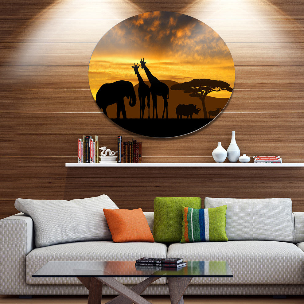 Giraffes And Elephant And Rhino, African Round Wall Art, 23"