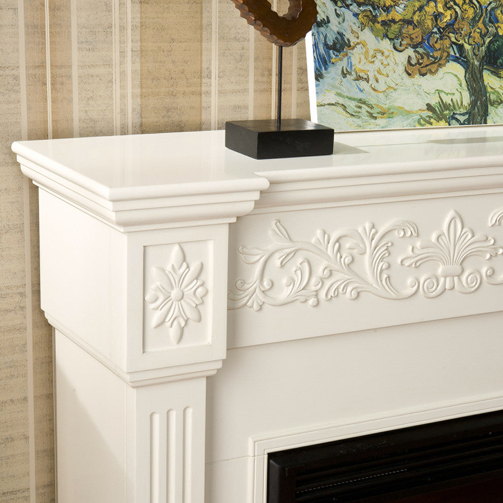 Eastport Carved Electric Fireplace, Ivory