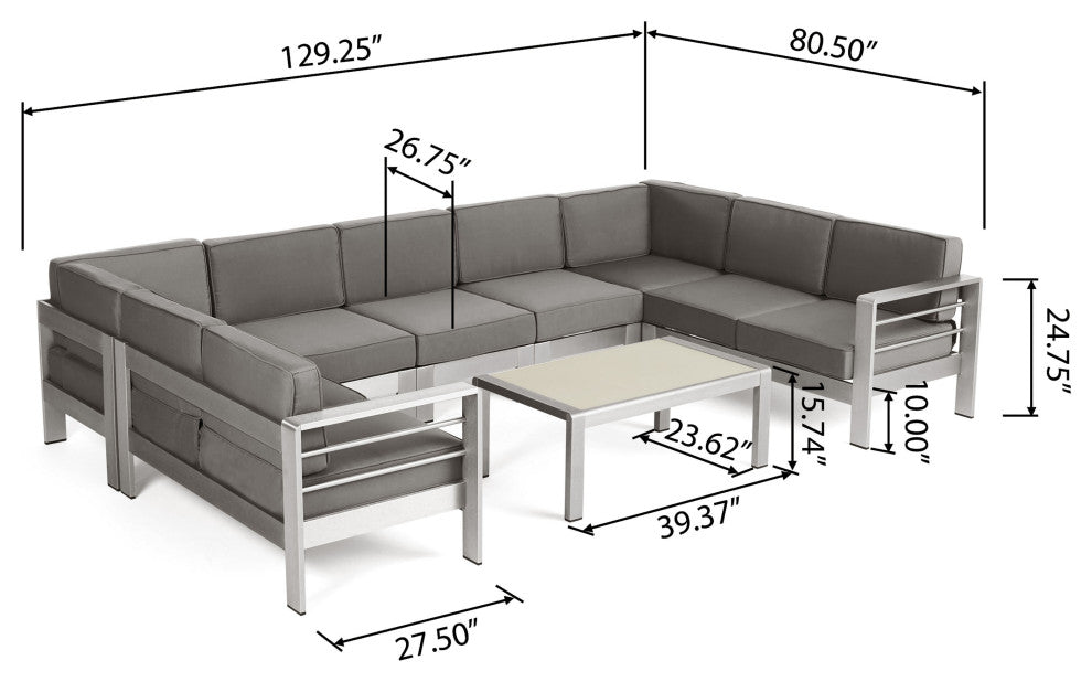 GDF Studio Emily Coral Outdoor 9-Seater Aluminum Sectional Set With Coffee Table