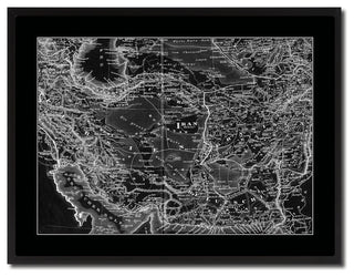 Iran, Afghanistan Old Monochrome Map Print On Canvas With Black Frame, 28" X 37"
