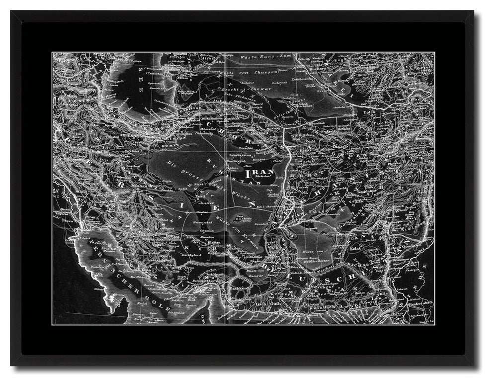Iran, Afghanistan Old Monochrome Map Print On Canvas With Black Frame, 28" X 37"