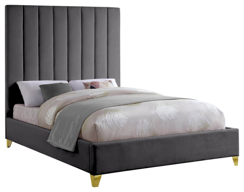 Via Velvet Upholstered Bed, Gray, Queen