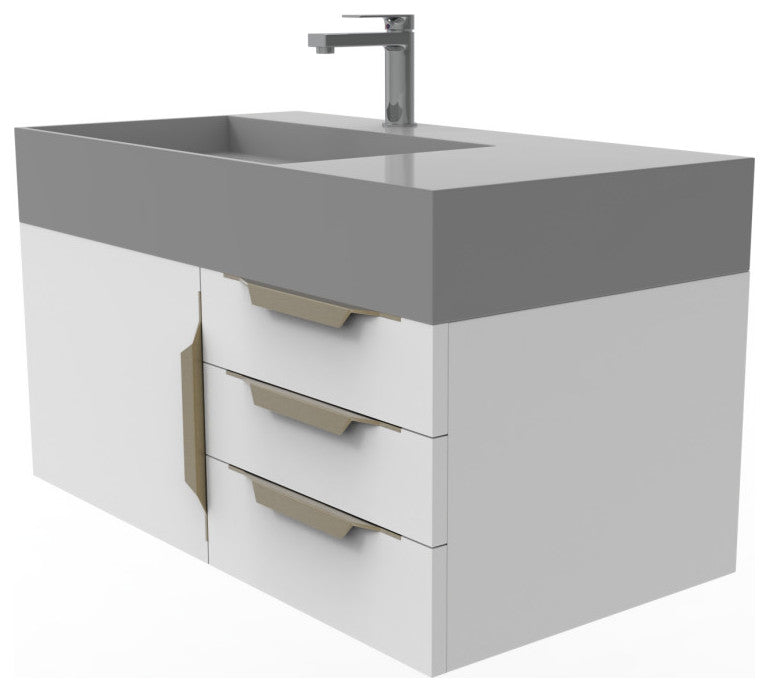 CastelloUSA Amazon 36" Wall Mount Vanity Set, White, Gray Top, Gold Handles