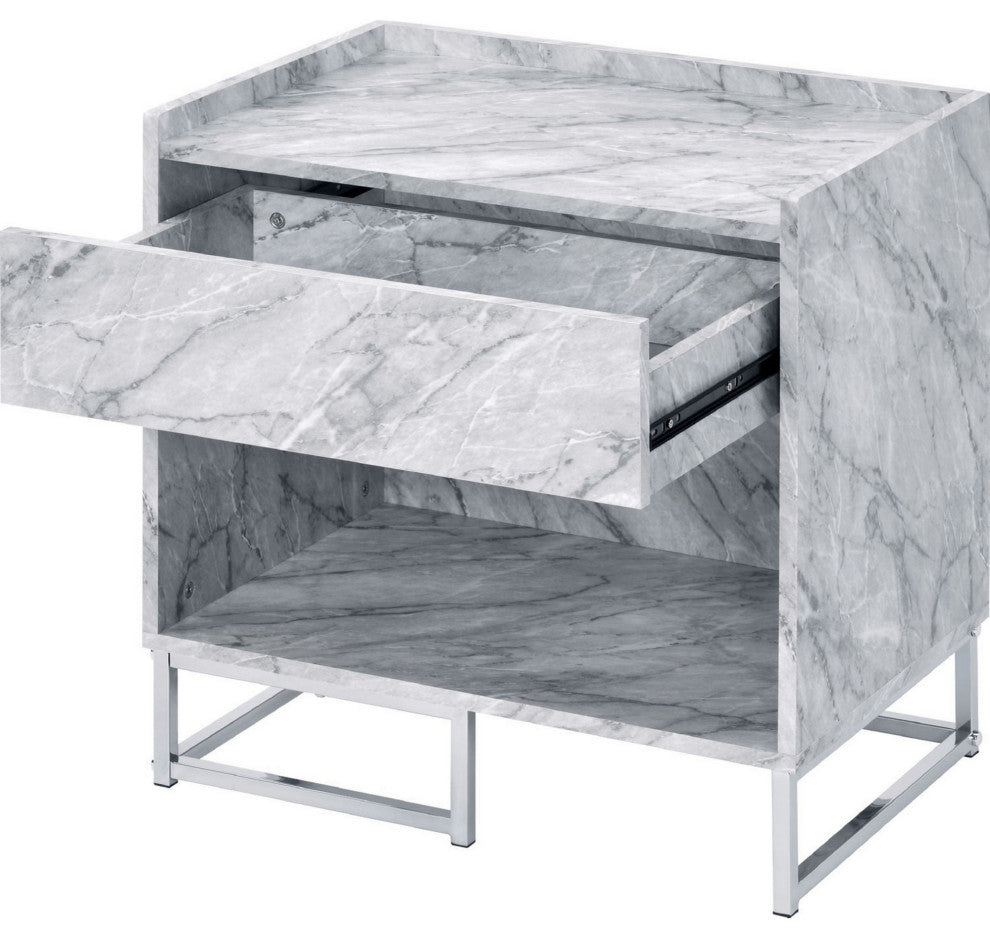 Benzara BM250334 Faux Marble Accent Table With Chrome Finish, White