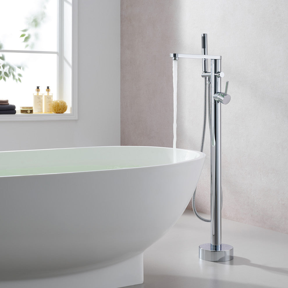 Allario Double Lever Handles Freestanding Floor Mounted Tub Filler, Polished Chome