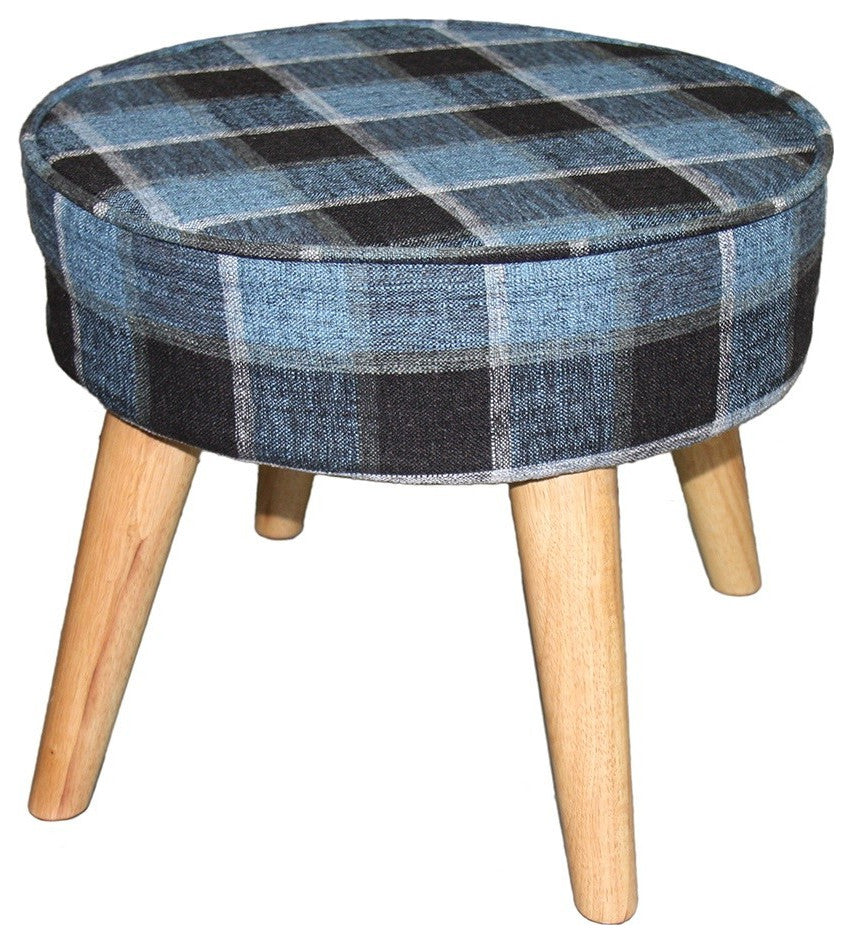Useful Blue Gray Black Plaid Traditional Foot Stool