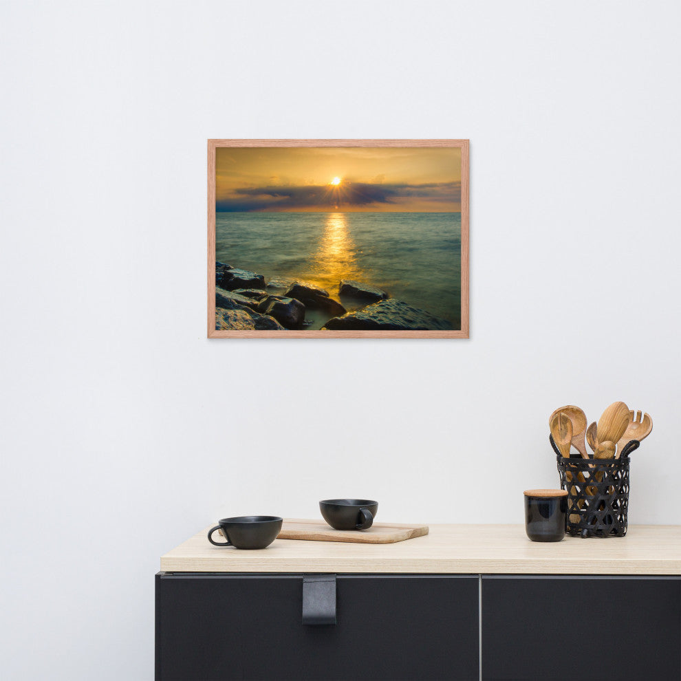 Sun Ray on the Water Coastal Landscape Framed Photo Paper Wall Art Print, Red Oak, 18" X 24"