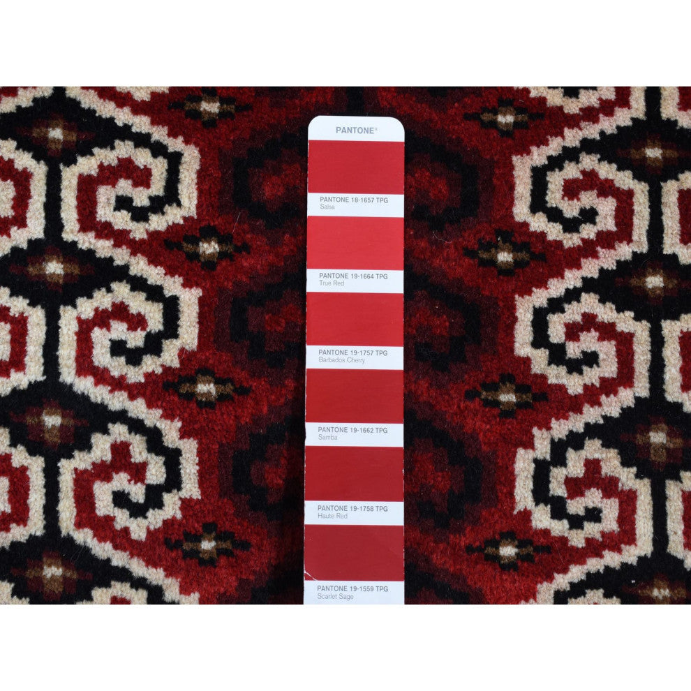 Maroon Red Turkoman Repetitive Design Pure Wool Hand Knotted Rug 3'2" x 4'1"