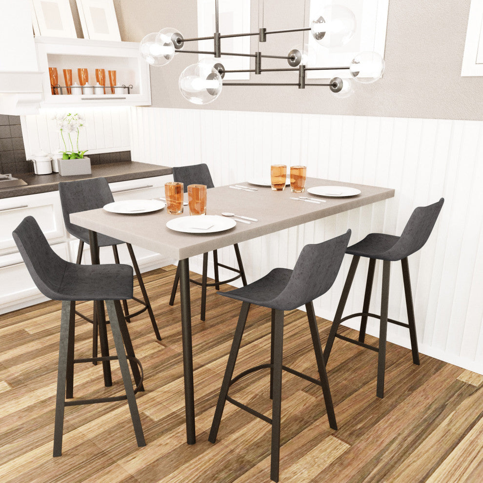 LeisureMod Elland Modern Upholstered Leather Bar Stool Iron Legs, Gray