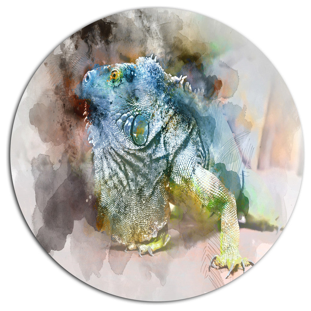 Green Iguana Close-Up Painting, Abstract Large Disc Metal Wall Art, 23"