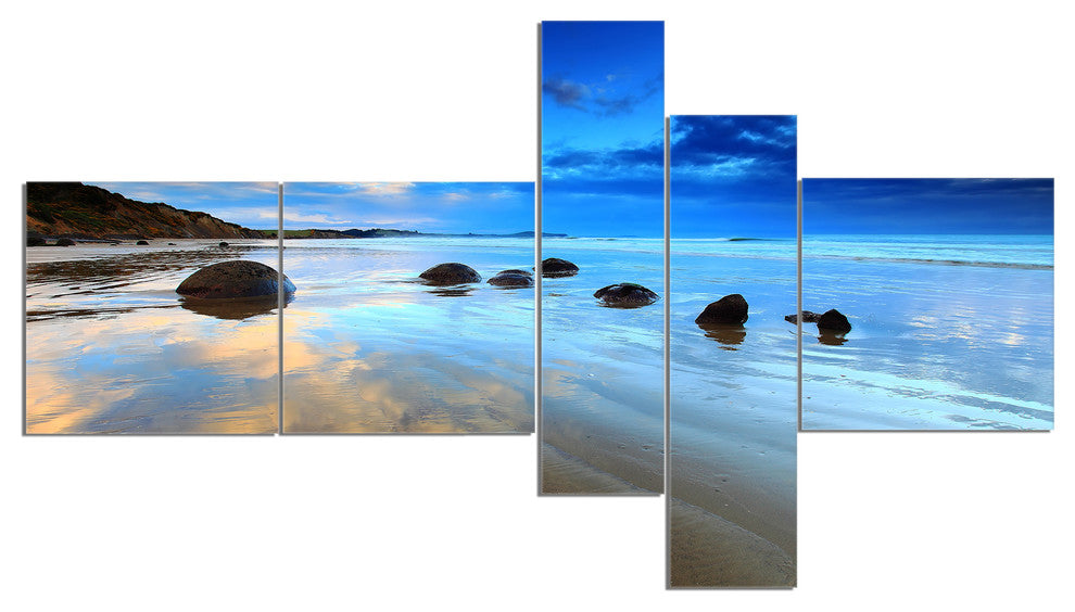 Cloudy Sky Over Moeraki Boulders, Seashore Photo Canvas Print, 60"x32", 5 panels