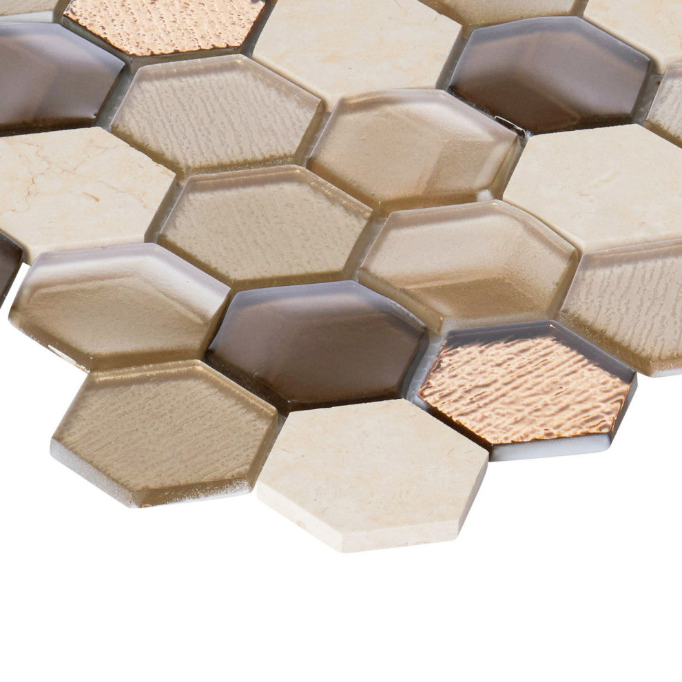 Hexagon Stone Metallic Beige 3D Insert Glass Mosaic Tile, 13"x13", Single Sheet