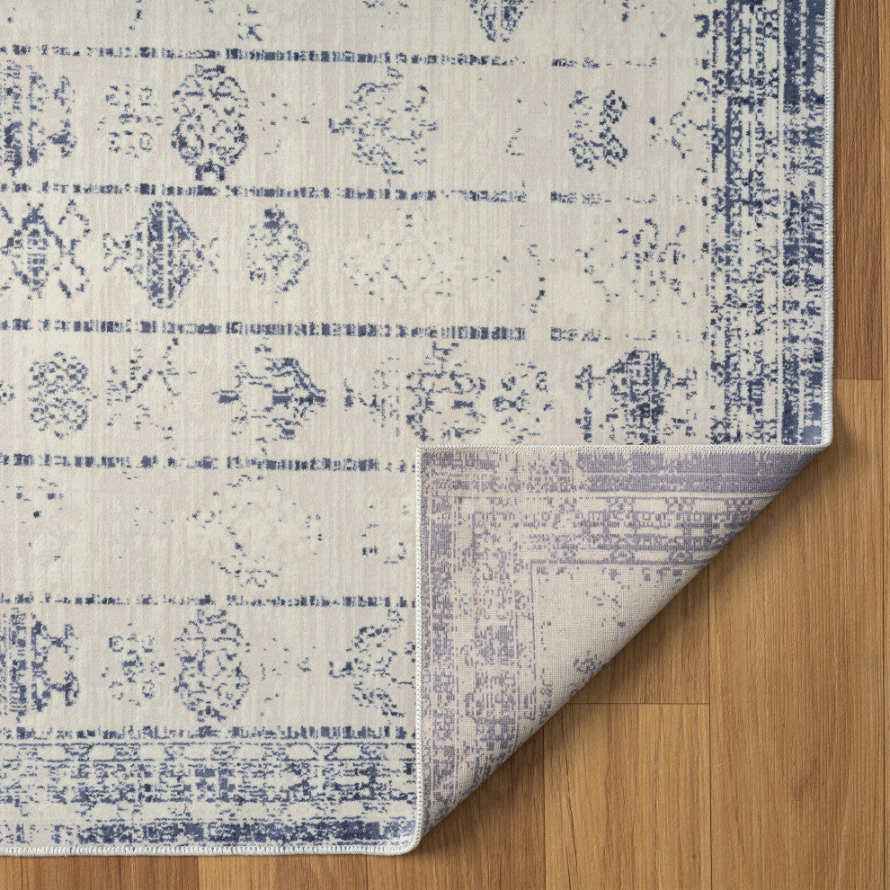 Ayla Blue/Gray Transitional Tribal Waterproof Area Rug, 2' X 5'