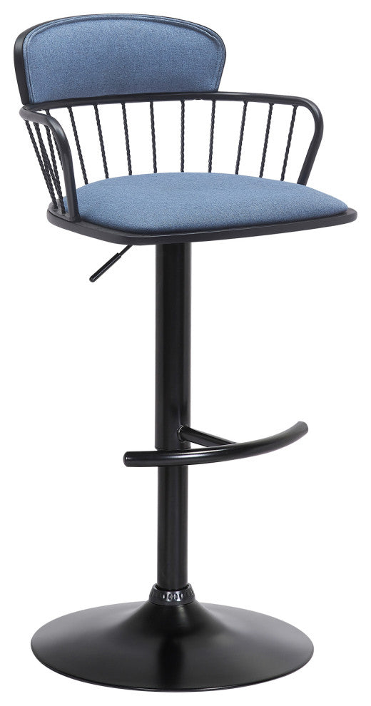 Nash Adjustable Black Wood Bar Stool, Blue Fabric With Black Metal, Blue