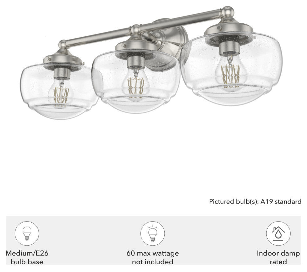 Saddle Creek Brushed Nickel, Clear Seeded Glass 3 Light Vanity Wall Light