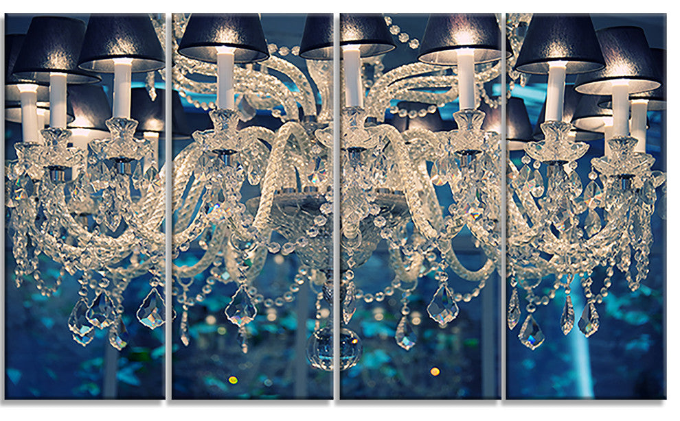 Blue Vintage Crystal Chandelier, Flower Artwork on Canvas, 48"x28", 4 Panels