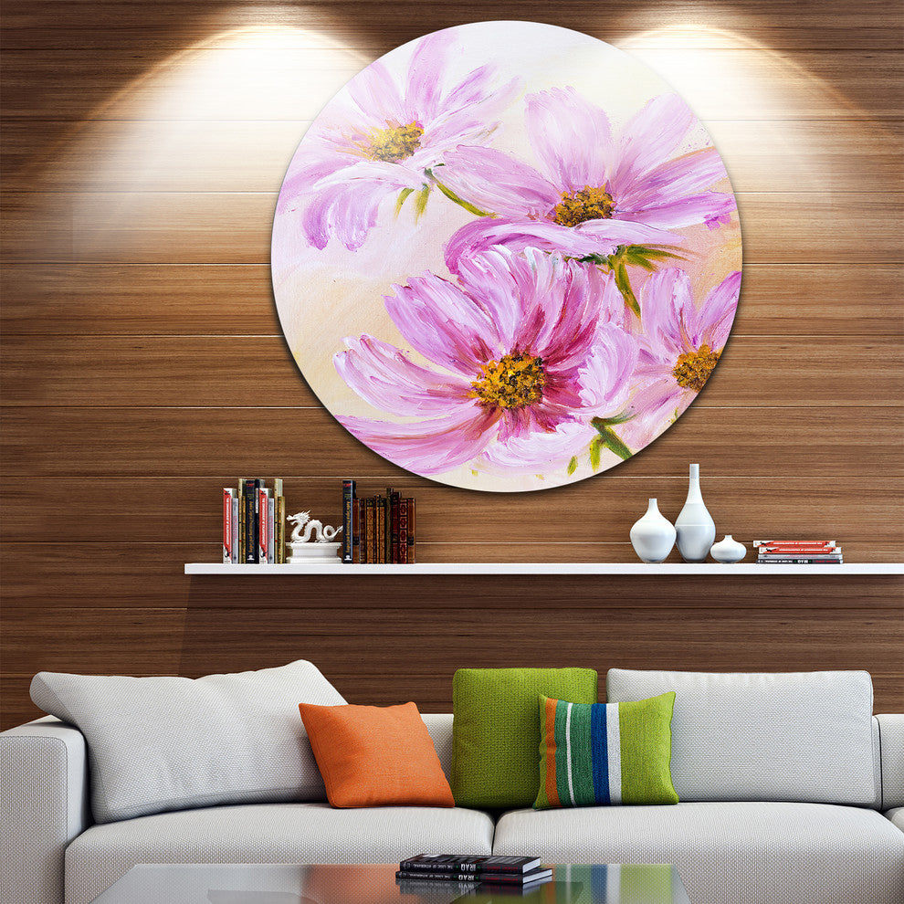 Blooming Pink Cosmos Flowers, Floral Disc Metal Artwork, 36"