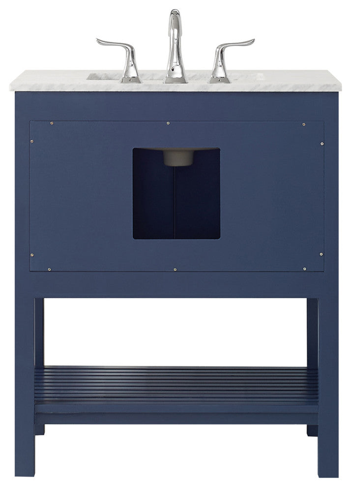 30" Vanity in Royal Blue with Carrara White Marble Countertop Without Mirror