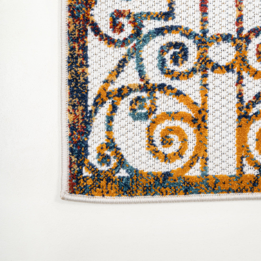 Cetara Ornate Trellis Indoor/Outdoor Area Rug, Cream/Blue/Orange, 2 X 8
