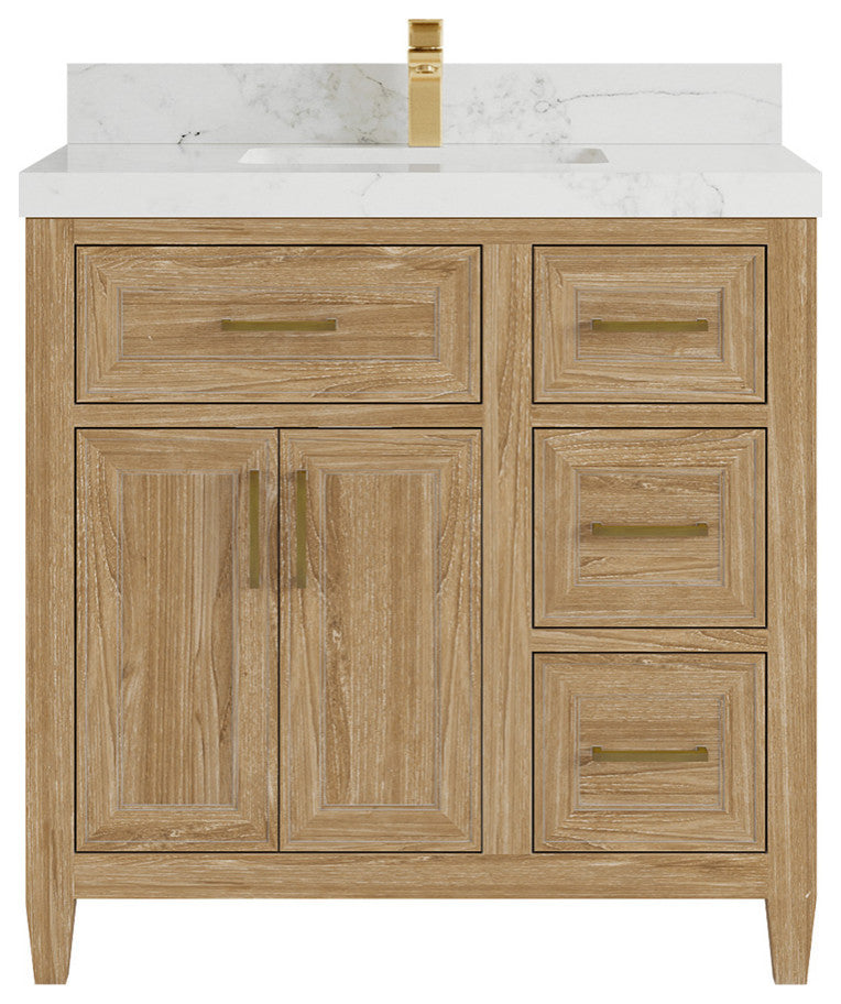 Santa Monica 36 Center Sink Bath Vanity in Whitewashed Teak 2" Calacatta Nuvo
